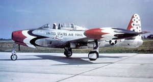 The F-84G Thunderjet painted in the red, white and blue markings of the Thunderbirds