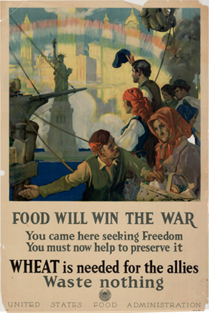 First side of: Food will win the war : you came here seeking freedom, you must now help to preserve it : wheat is needed for the Allies, waste nothing., a poster available in the The Portal to Texas History