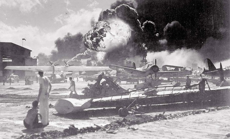 American sailors at Ford Island reacting to the explosion of the USS Shaw during the second wave of attacks.