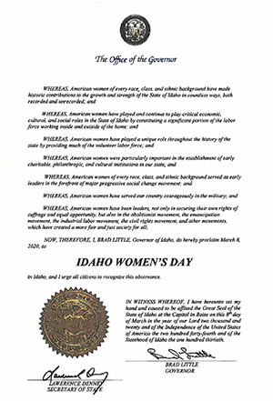 Idaho Governor Brad Little's proclamtion for Idaho Women's Day