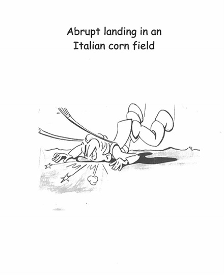 Tom Young cartoon: Abrupt landing in an Italian corn field.