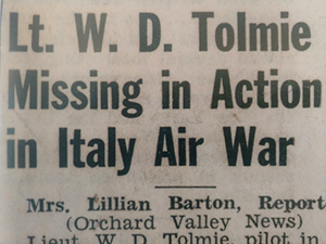 Newspaper clippling with headline "Lt. W. D. Tolmie Missing in Action in Italy Air War"