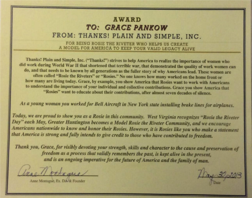 Grace Pankow's award certificate from "Thanks! Plane and Simple, Inc."